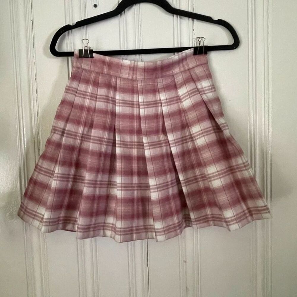Women Pink White Plaid Pleated Classic High-Waisted Mini Skirt Size XS